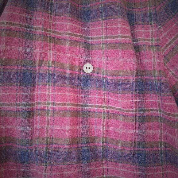 L.L.Bean Women Pink&Blue Plaid Flannel Shirt Collarless Neckline Preppy Western - Picture 9 of 14